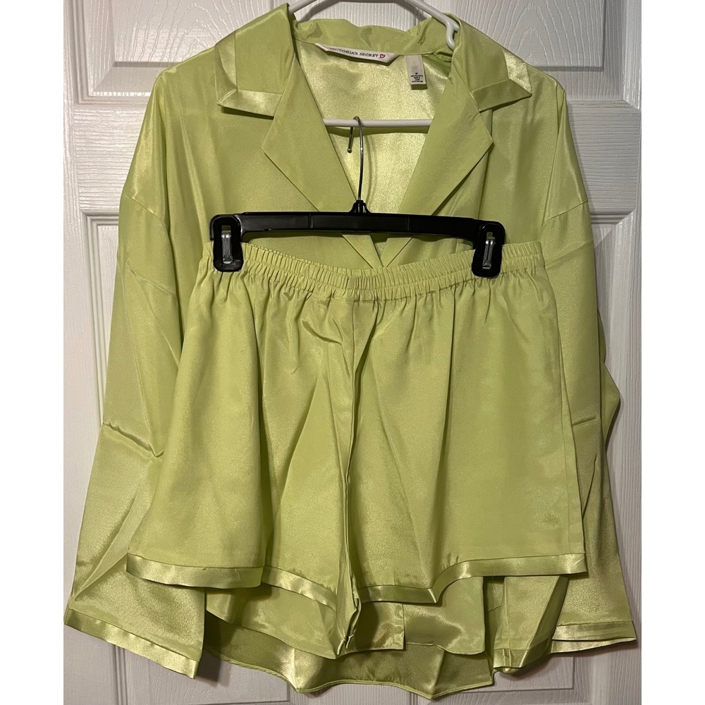 Victoria's Secret Lime Green Satin Pajama Set Long Sleeve Top Shorts Women M NEW